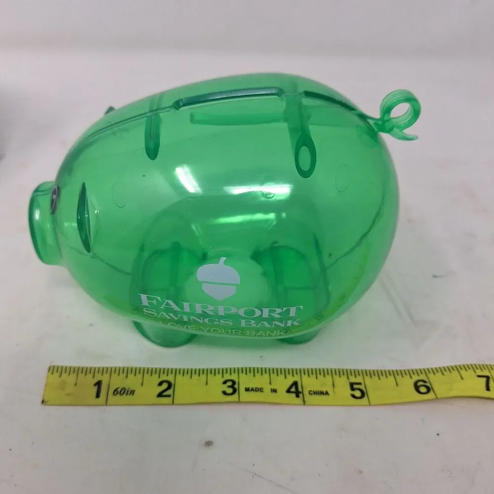 Fairport Savings Bank Green Sheer Plastic Piggybank Pig Coin Storage Novelty
